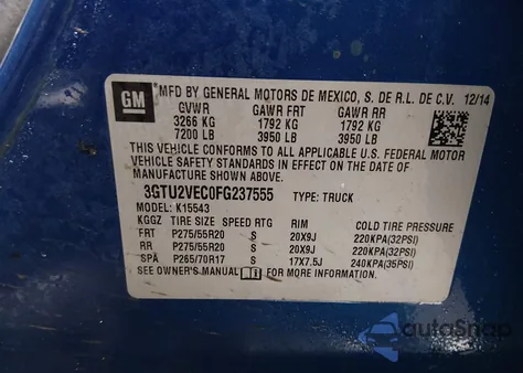 2015 GMC Sierra 1500 Slt z USA, uszkodzony, nr VIN 3GTU2VEC0FG237555